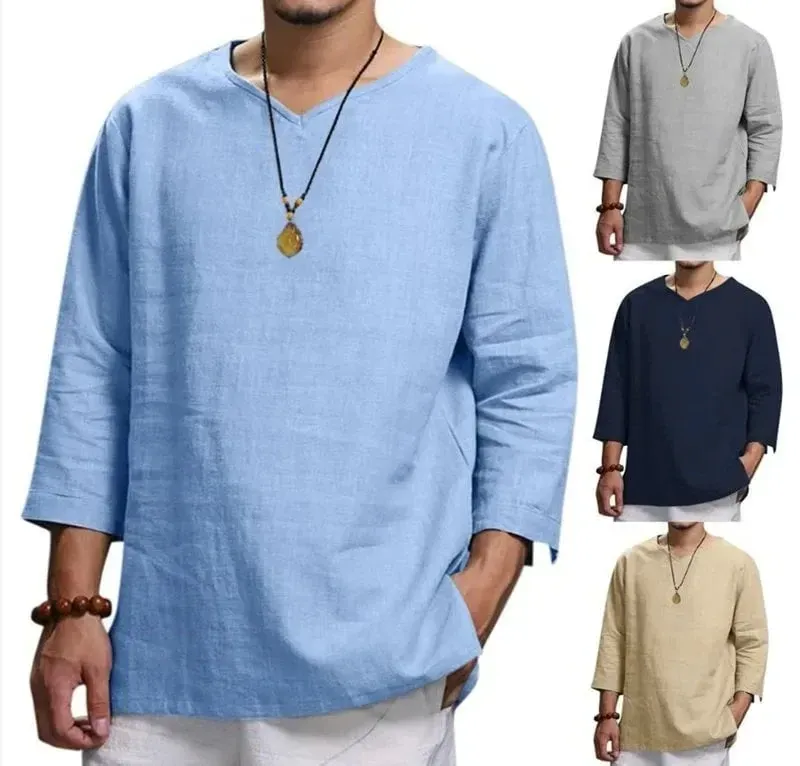 Man wearing long-sleeved v-neck linen loose shirt